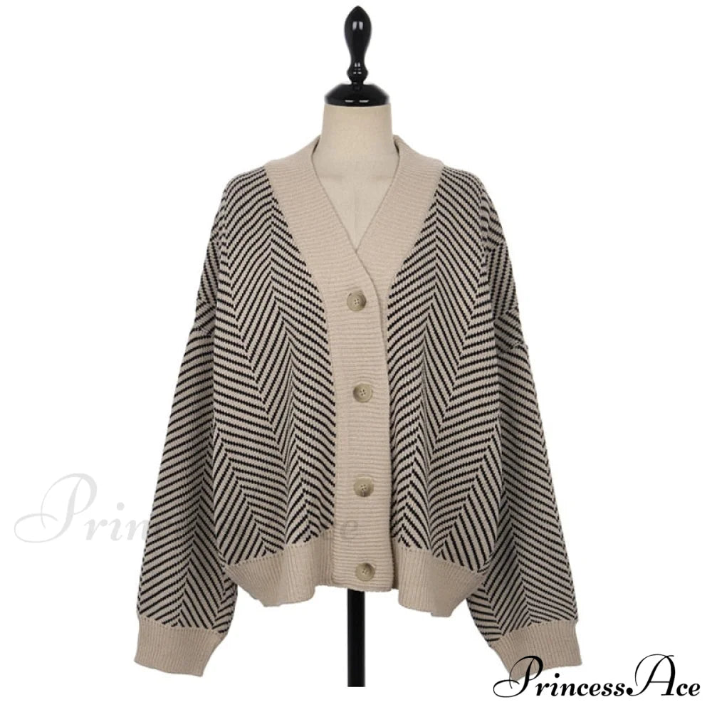Knitted Cardigan Oversize Button Front Contrast Stripe Cardigan