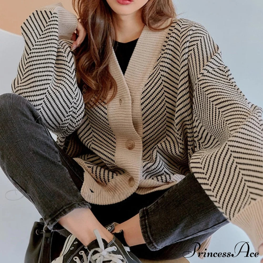 Knitted Cardigan Oversize Button Front Contrast Stripe Cardigan