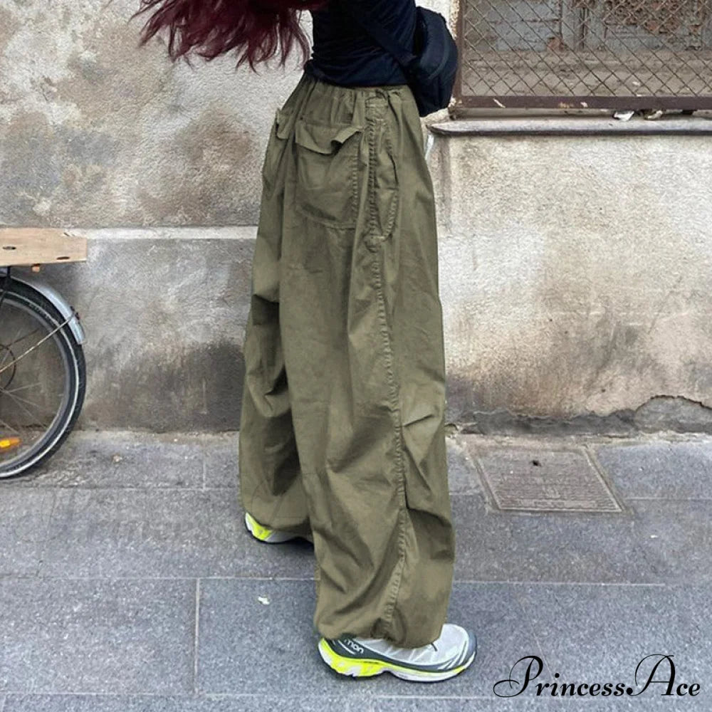 Low Waist Ruched Trim Classic Baggy Cargo Pants - Brown