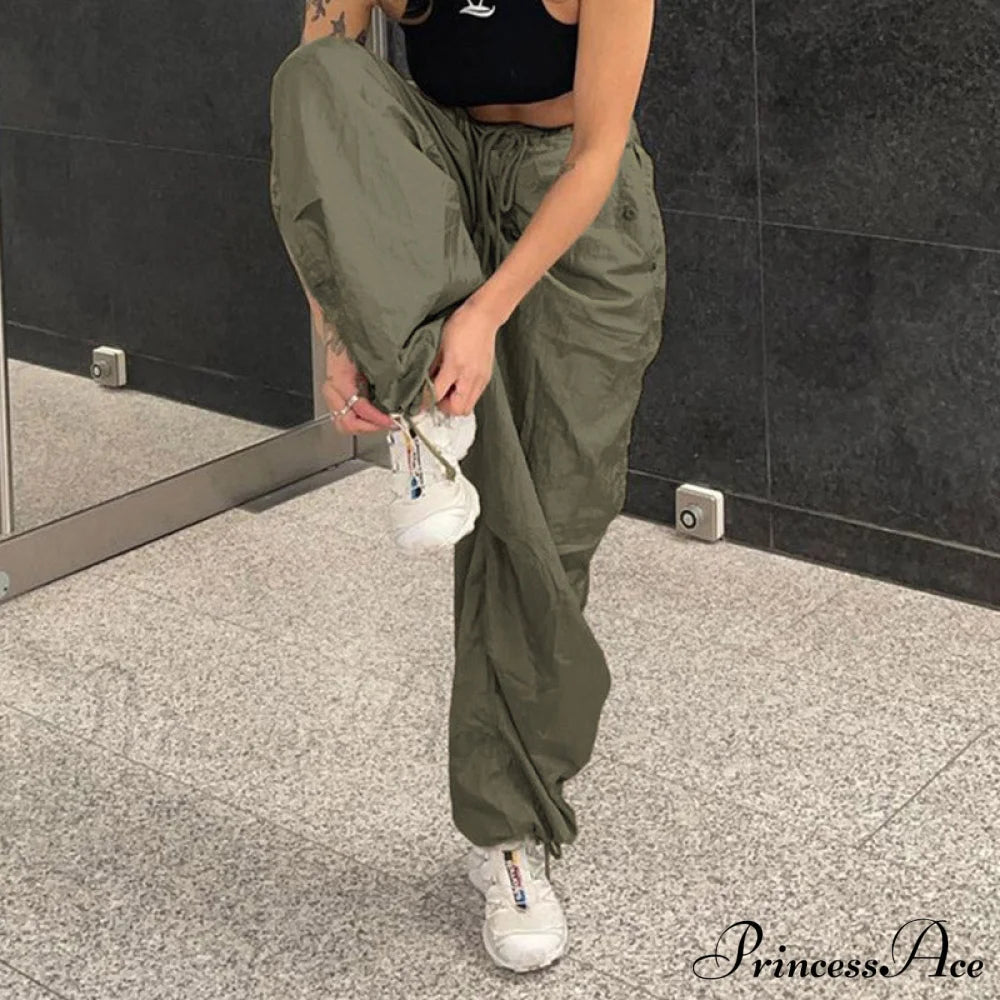 Low Waist Ruched Trim Classic Baggy Cargo Pants - Brown