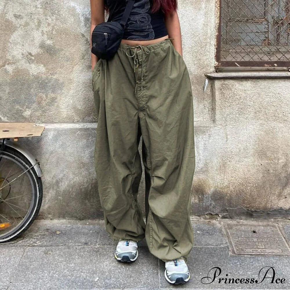 Low Waist Ruched Trim Classic Baggy Cargo Pants - Brown