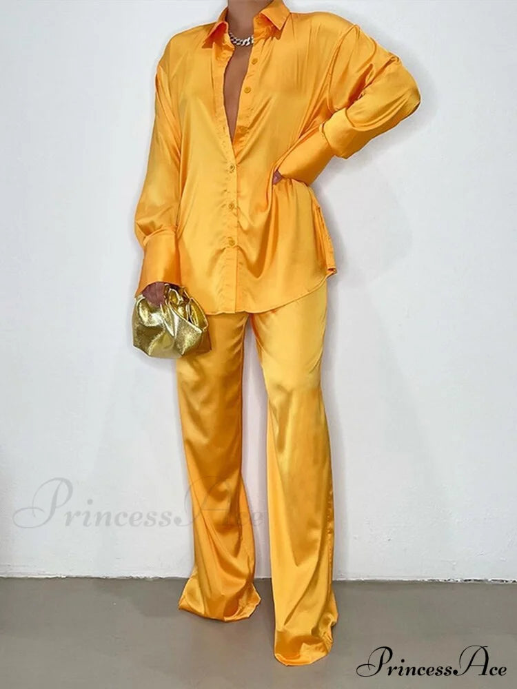 '- Set Long and With Outfit Wide Two Piece Arm Blouse Leg Loose Satin Pants