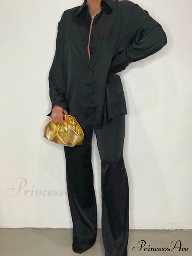 '- Set Long and With Outfit Wide Two Piece Arm Blouse Leg Loose Satin Pants