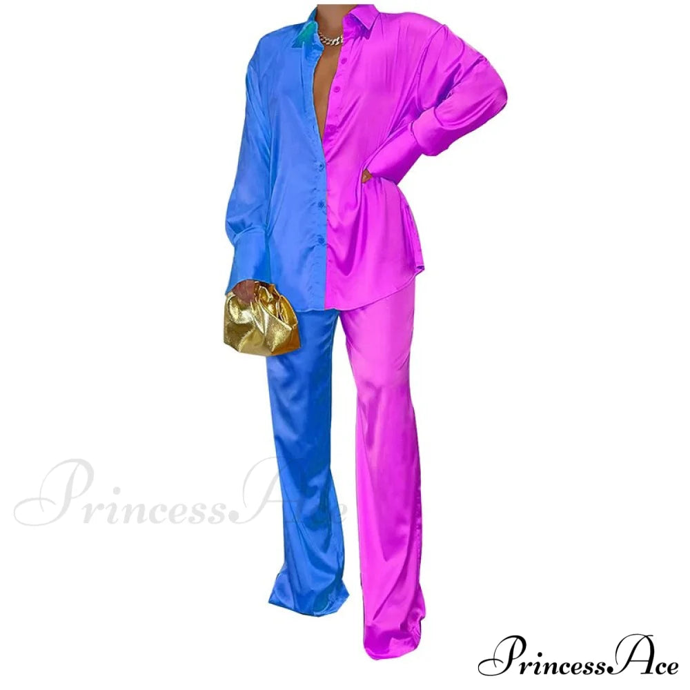 '- Set Long and With Outfit Wide Two Piece Arm Blouse Leg Loose Satin Pants