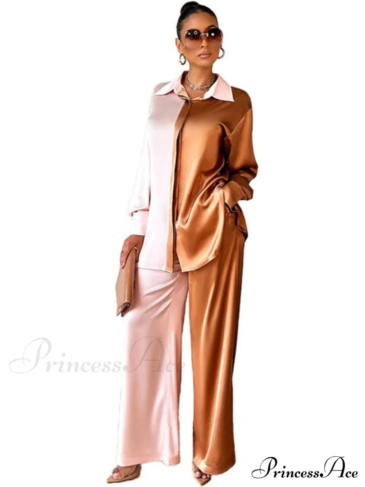 '- Set Long and With Outfit Wide Two Piece Arm Blouse Leg Loose Satin Pants
