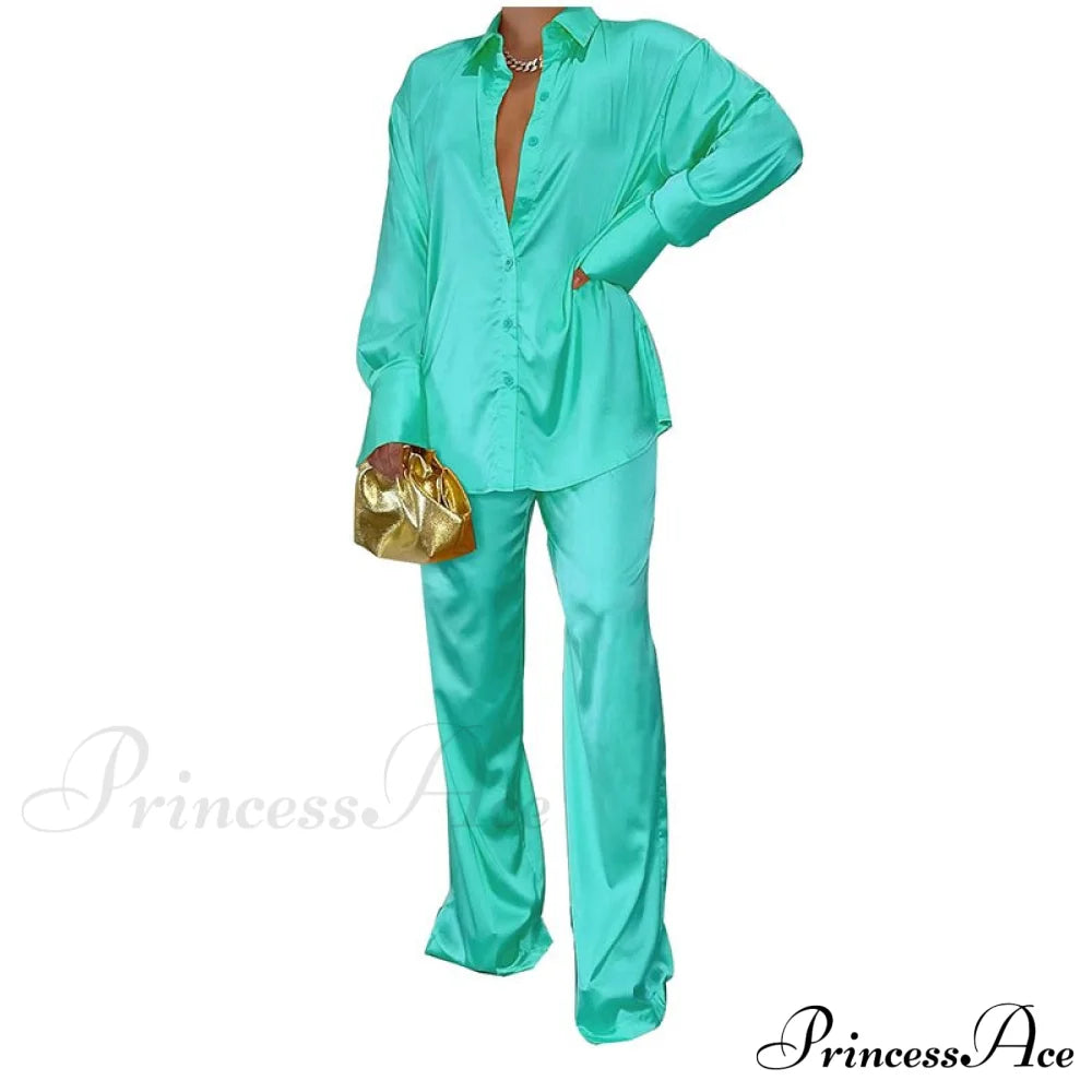'- Set Long and With Outfit Wide Two Piece Arm Blouse Leg Loose Satin Pants