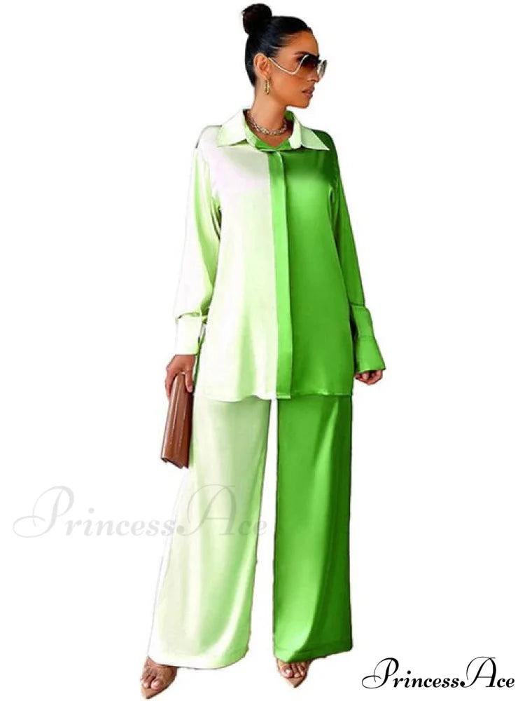 '- Set Long and With Outfit Wide Two Piece Arm Blouse Leg Loose Satin Pants