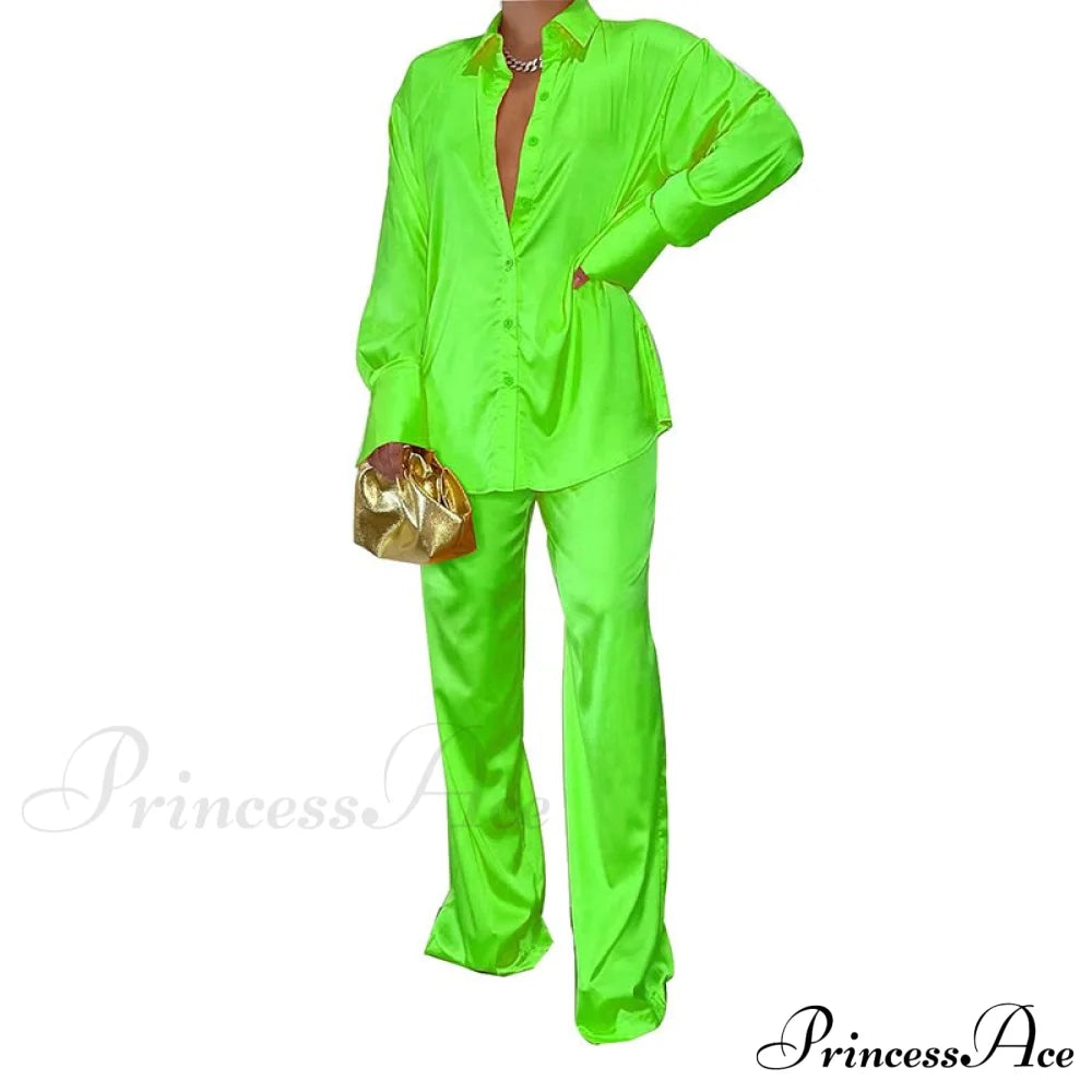 '- Set Long and With Outfit Wide Two Piece Arm Blouse Leg Loose Satin Pants