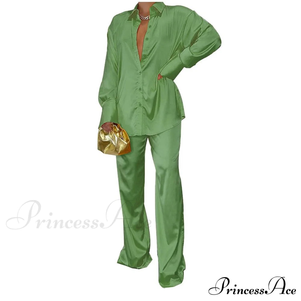'- Set Long and With Outfit Wide Two Piece Arm Blouse Leg Loose Satin Pants