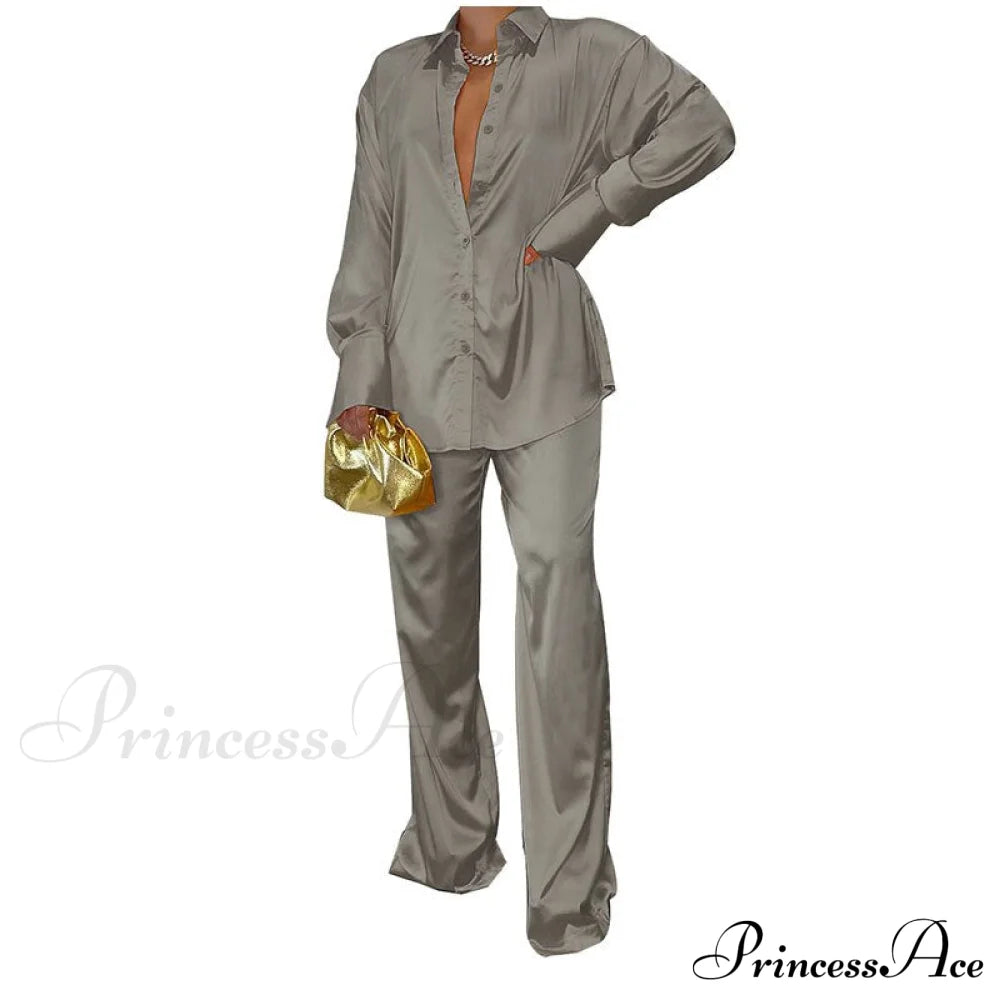 '- Set Long and With Outfit Wide Two Piece Arm Blouse Leg Loose Satin Pants