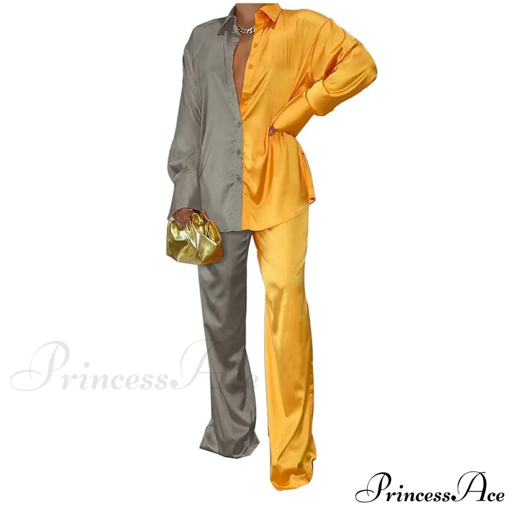 '- Set Long and With Outfit Wide Two Piece Arm Blouse Leg Loose Satin Pants