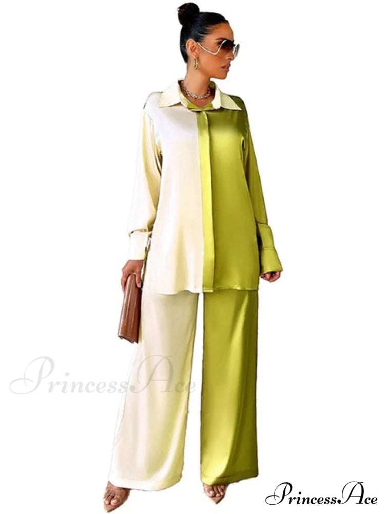 '- Set Long and With Outfit Wide Two Piece Arm Blouse Leg Loose Satin Pants