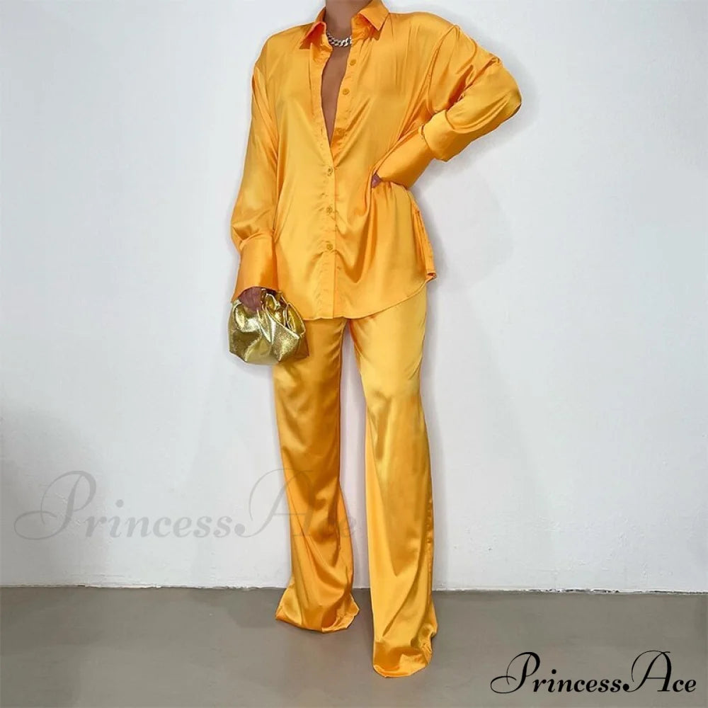 '- Set Long and With Outfit Wide Two Piece Arm Blouse Leg Loose Satin Pants