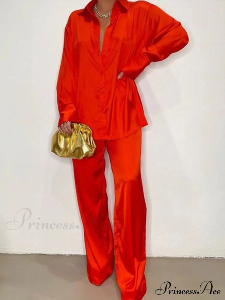 '- Set Long and With Outfit Wide Two Piece Arm Blouse Leg Loose Satin Pants