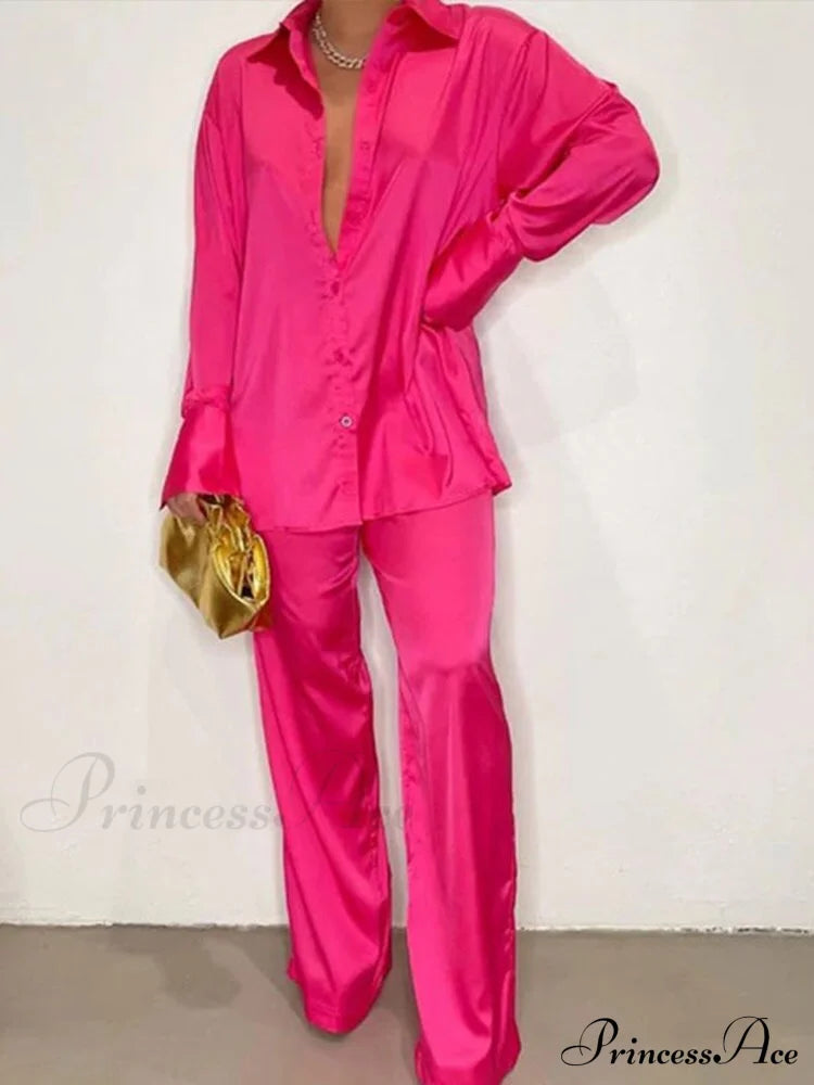 '- Set Long and With Outfit Wide Two Piece Arm Blouse Leg Loose Satin Pants