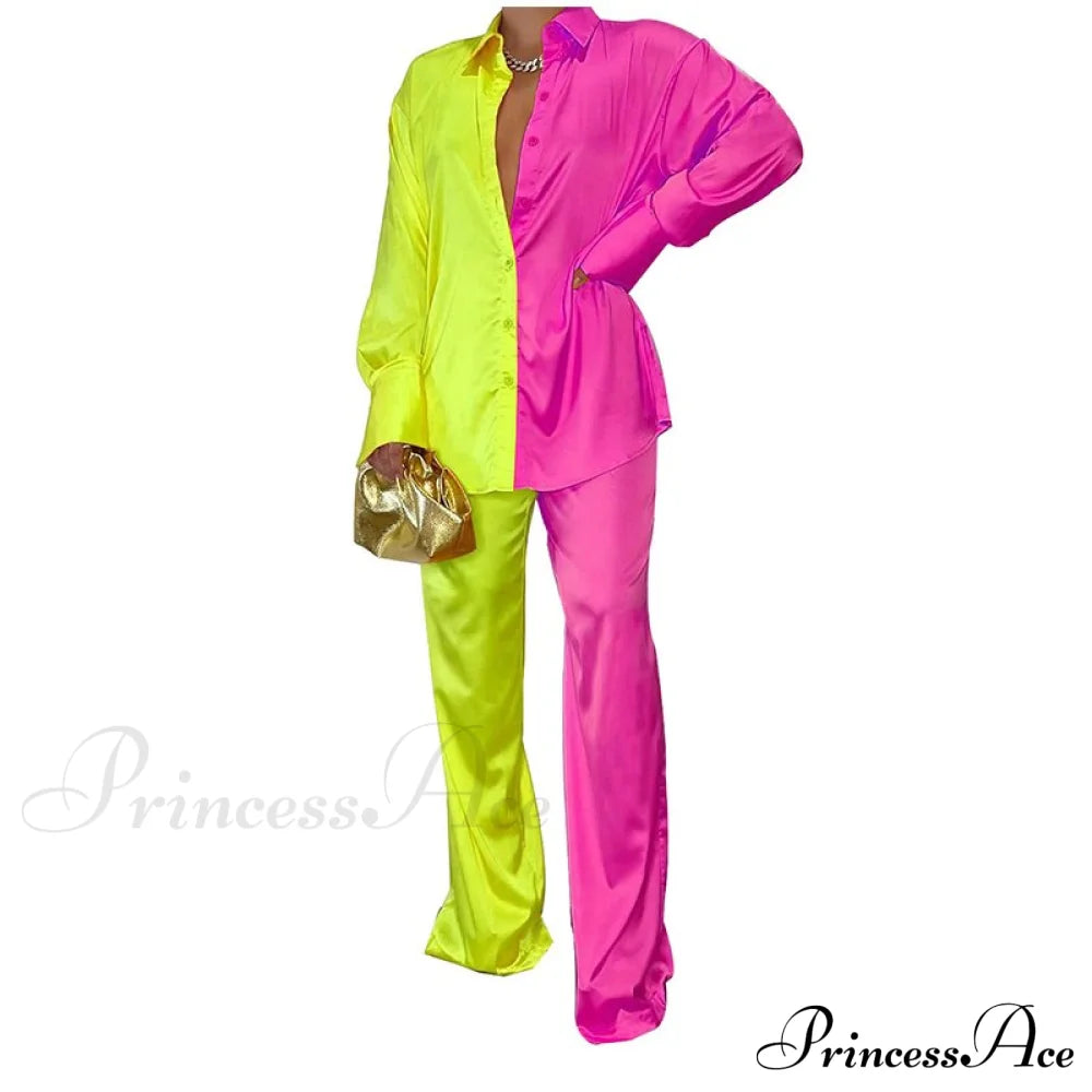 '- Set Long and With Outfit Wide Two Piece Arm Blouse Leg Loose Satin Pants