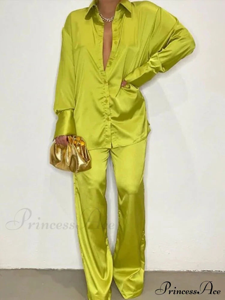 '- Set Long and With Outfit Wide Two Piece Arm Blouse Leg Loose Satin Pants