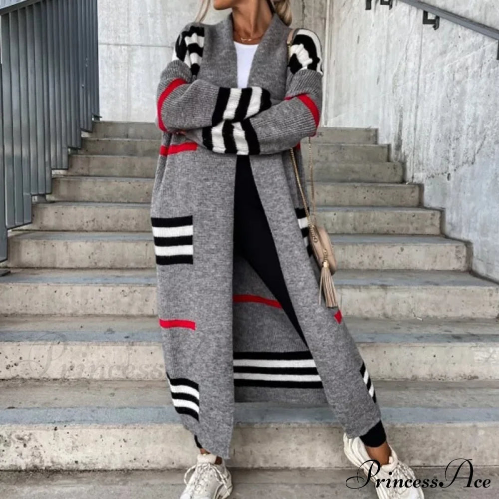 Striped Color Matching Knitted Long Sweaters Cardigan