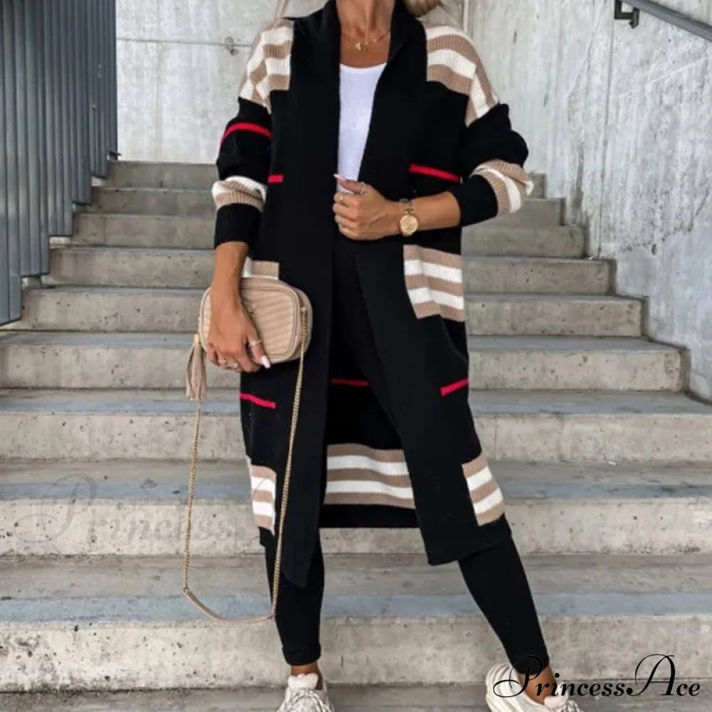Striped Color Matching Knitted Long Sweaters Cardigan