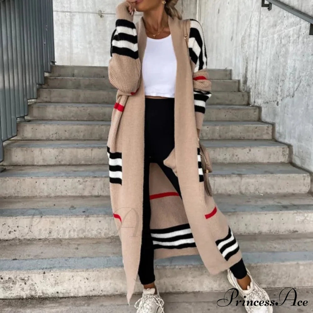 Striped Color Matching Knitted Long Sweaters Cardigan
