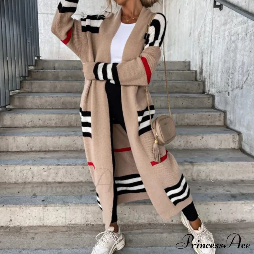 Striped Color Matching Knitted Long Sweaters Cardigan