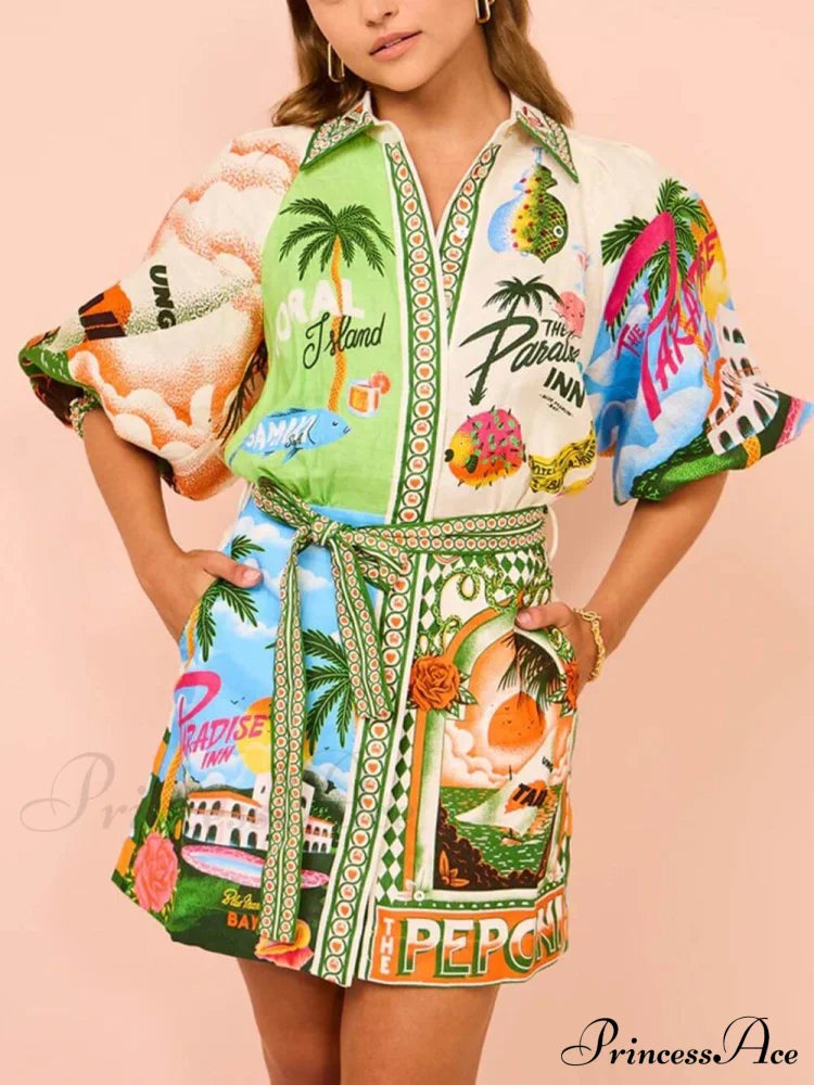 Unique Printed Charming Shirt Cardigan Dress
