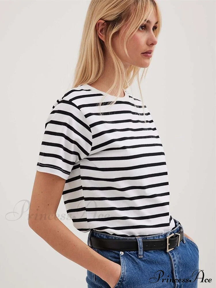 Cotton Harajuku Neck Brief Warm-season Arm Tops Striped O Loose Tee T-shirt Style