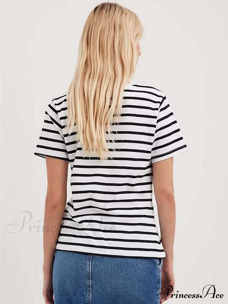 Cotton Harajuku Neck Brief Warm-season Arm Tops Striped O Loose Tee T-shirt Style