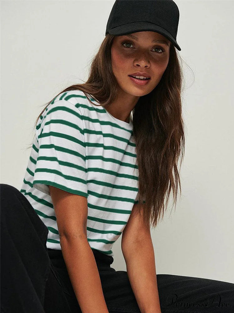 Cotton Harajuku Neck Brief Warm-season Arm Tops Striped O Loose Tee T-shirt Style