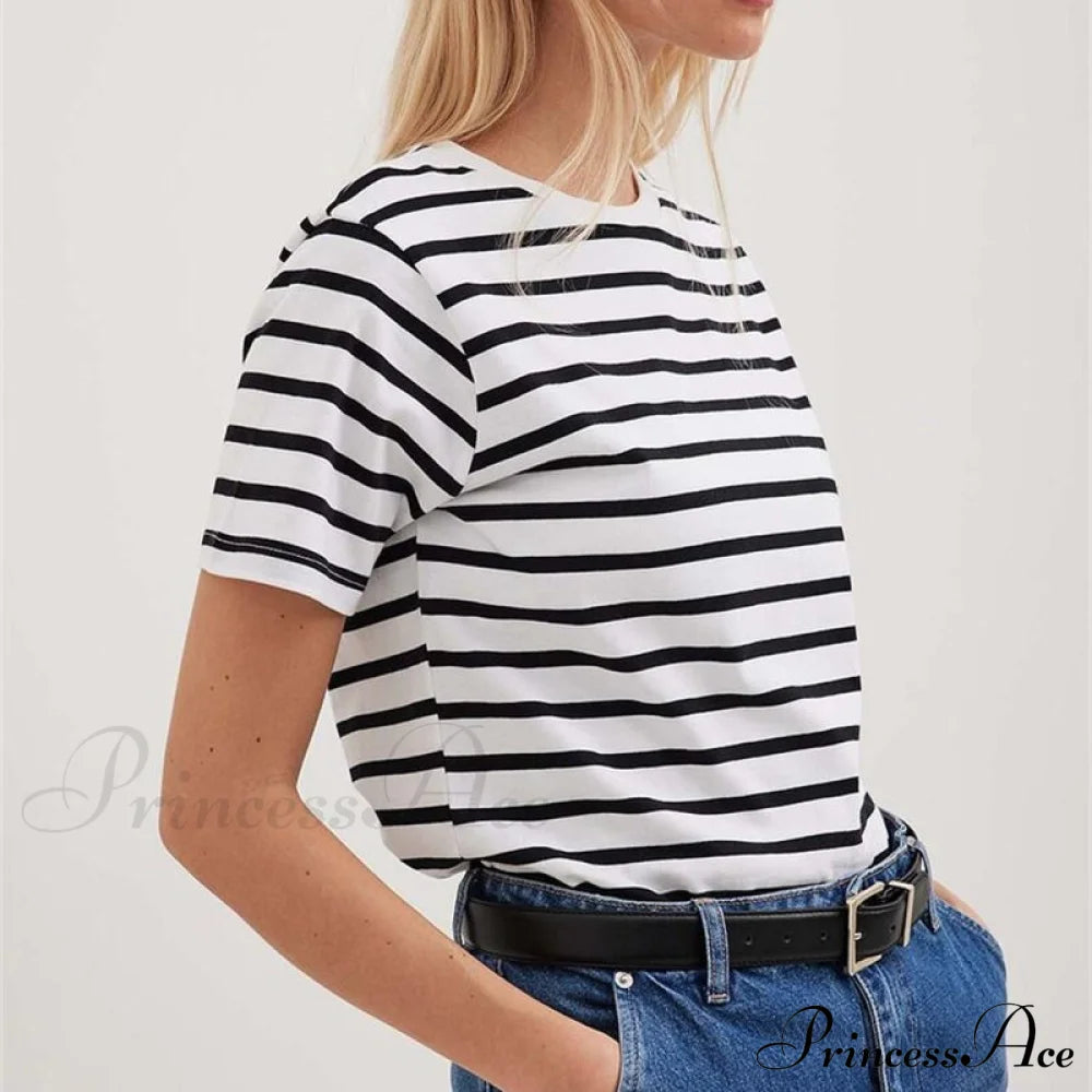 Cotton Harajuku Neck Brief Warm-season Arm Tops Striped O Loose Tee T-shirt Style