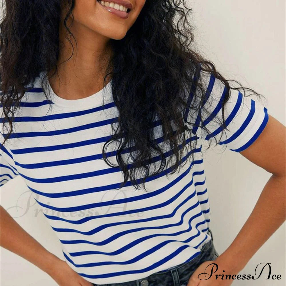 Cotton Harajuku Neck Brief Warm-season Arm Tops Striped O Loose Tee T-shirt Style
