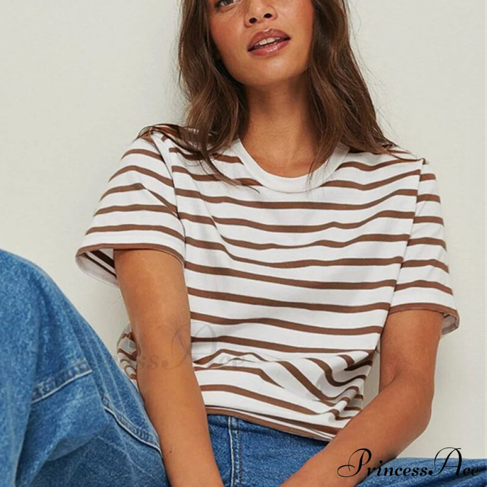 Cotton Harajuku Neck Brief Warm-season Arm Tops Striped O Loose Tee T-shirt Style