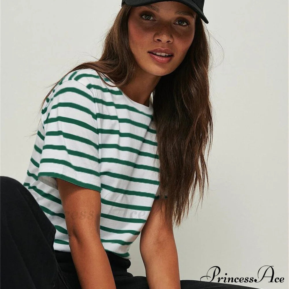 Cotton Harajuku Neck Brief Warm-season Arm Tops Striped O Loose Tee T-shirt Style