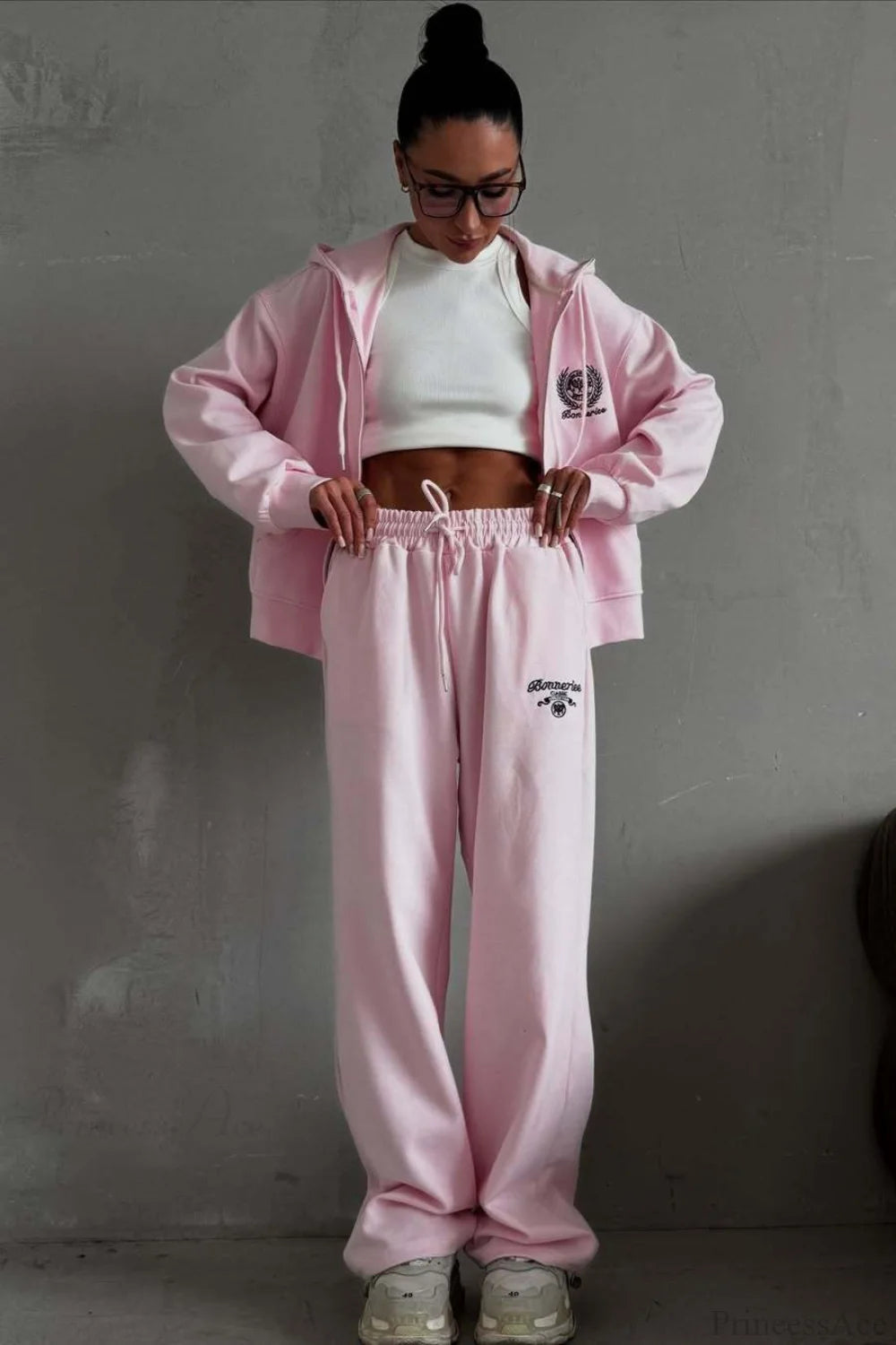 Zip Hooded Embroidered Sweatpants Two Piece Set