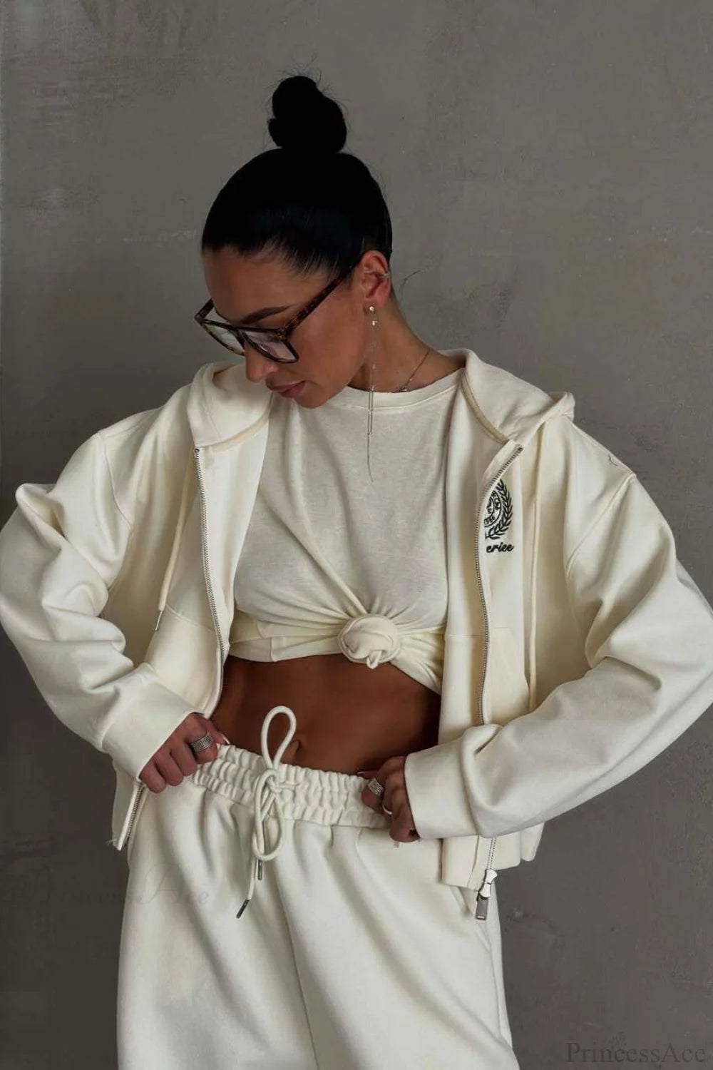 Zip Hooded Embroidered Sweatpants Two Piece Set
