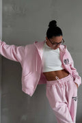 Zip Hooded Embroidered Sweatpants Two Piece Set
