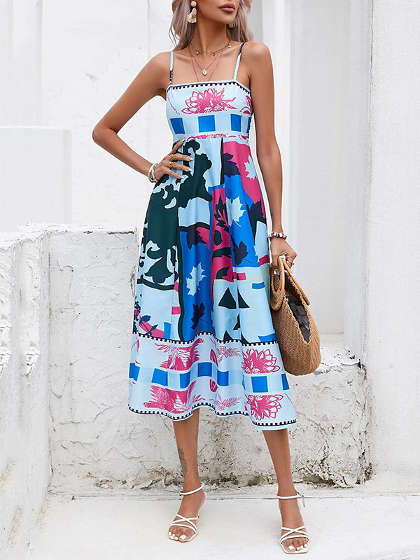 High Waisted Sleeveless Pleated Printed Split-joint Collarless Midi Dresses Slip Dress