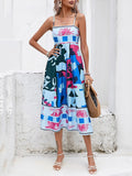 High Waisted Sleeveless Pleated Printed Split-joint Collarless Midi Dresses Slip Dress