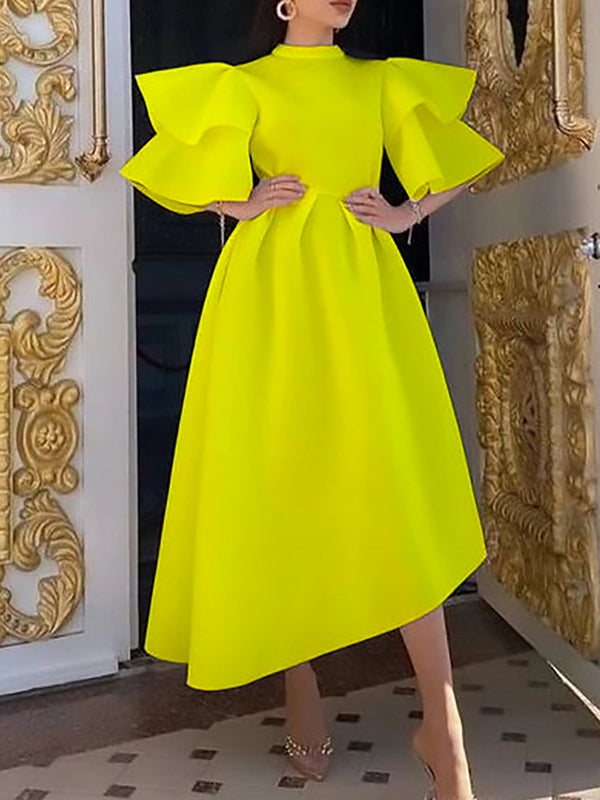 Original Loose Half Sleeves Falbala Color Round-neck Midi Dresses