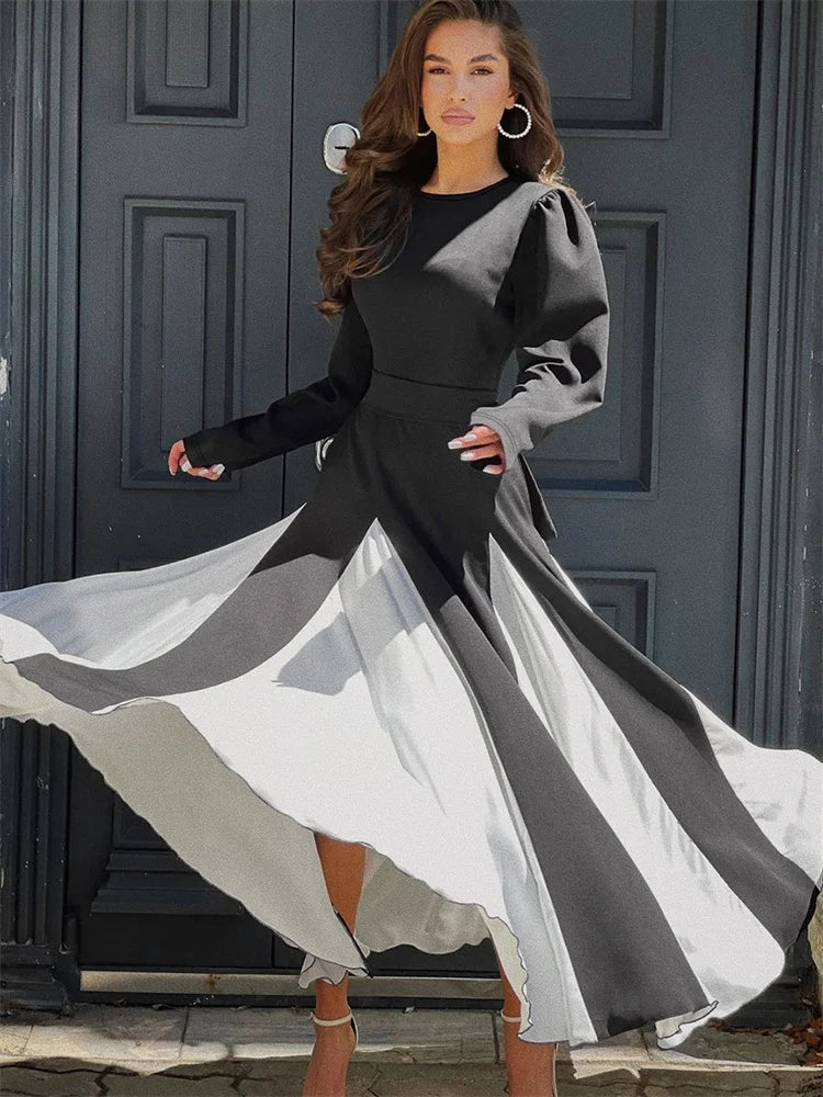 Patchwork Contrast Dress Female Lace-up Party Dress Slim High Waist Bandage Gown ’s Maxi Dress