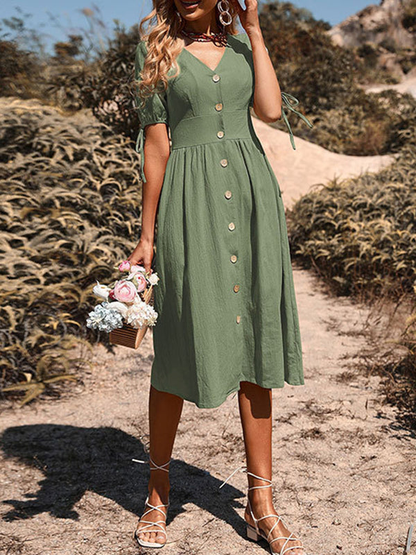 A-line High Waisted Buttoned Hollow Pleated Split-joint Tied V-neck Midi Dresses
