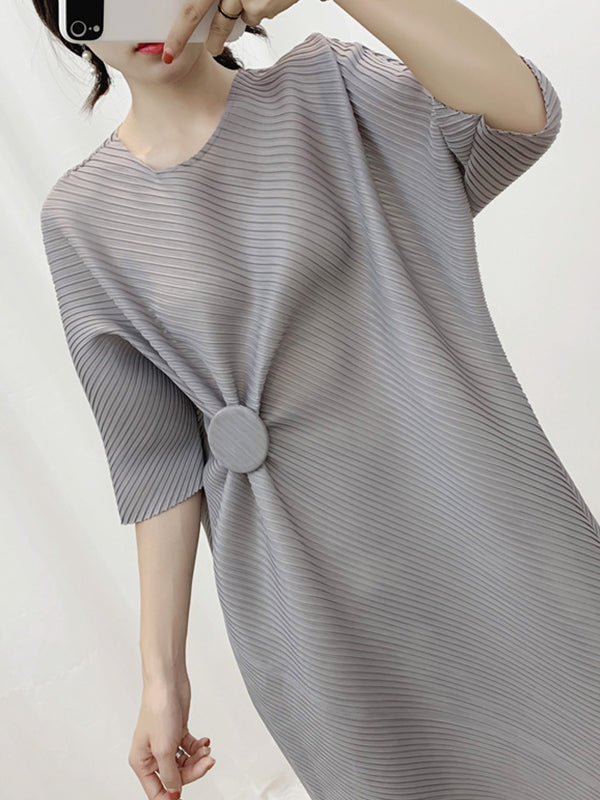 Half Sleeves Irregular Clipping Pleated Color Round-neck Midi Dresses