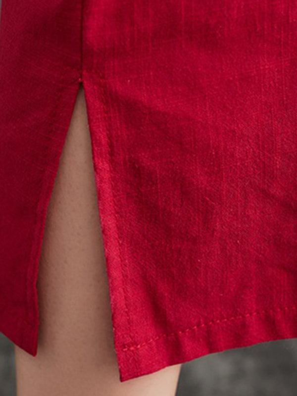A-line Loose Chinese Frog Buttons Pockets Color Split-side V-neck Midi Dresses