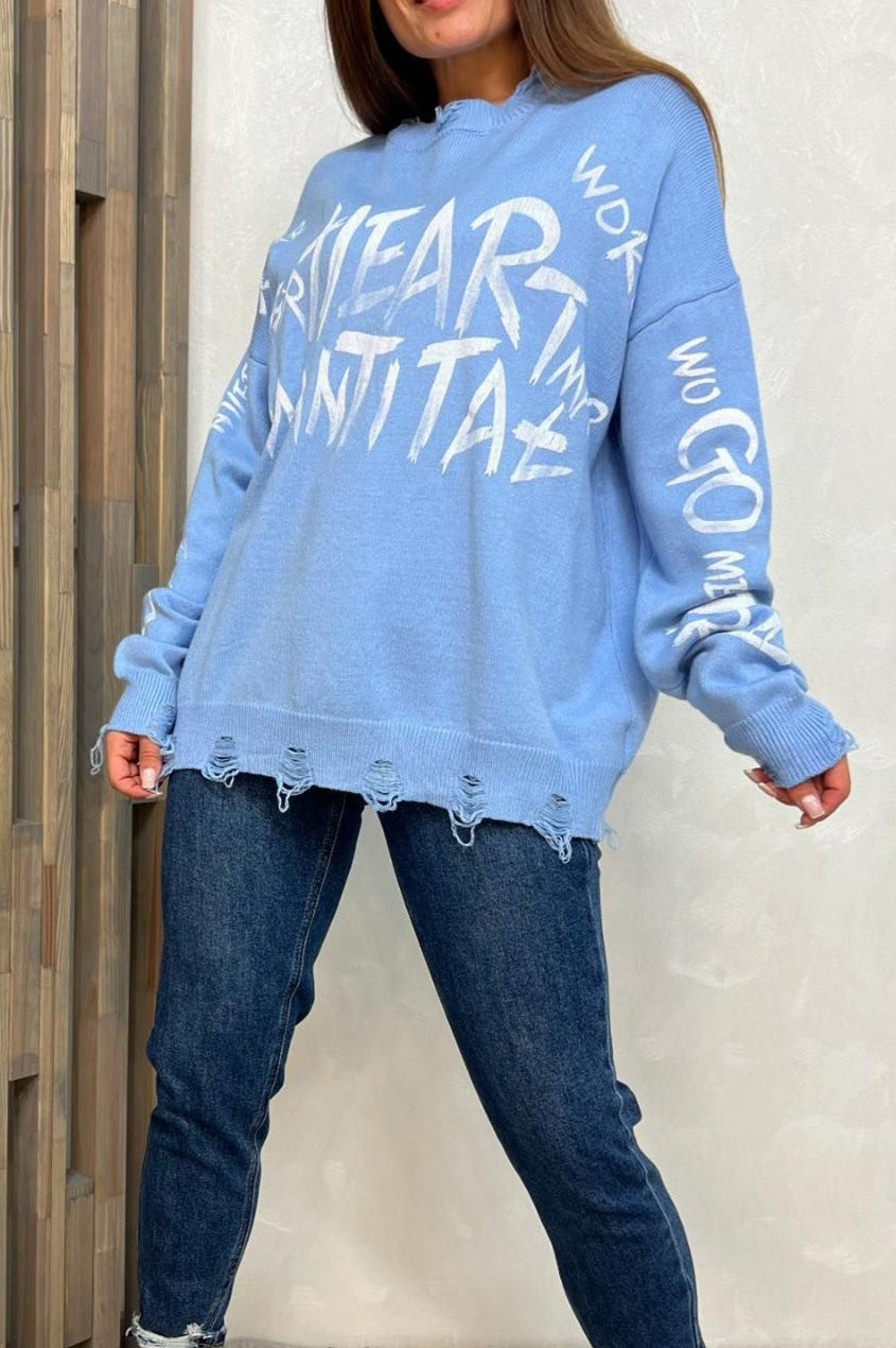 Loose Graffiti Letter Print Mid-length Knit Sweater