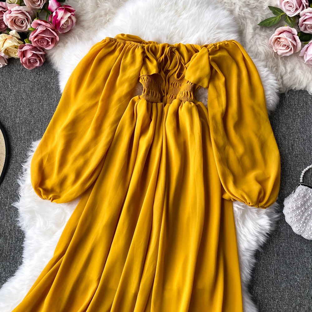 Red Off Shoulder With Ruffles Long Puff Sleeve Midi Dress Ar1019