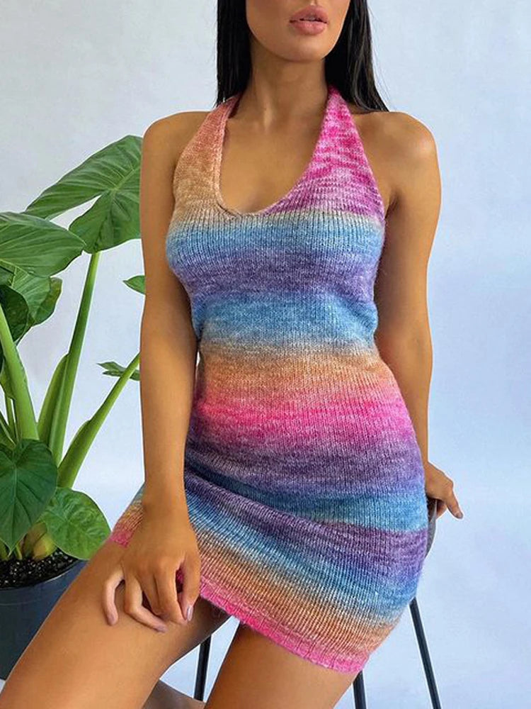 V-neck Knitted Dress Tie-dye Holiday Party Backless Beach Cover-up Dress Bodycon Slim Sleeveless Summer Mini Sweater Dress