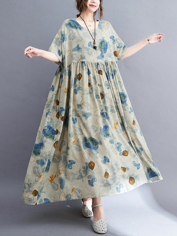 Artistic Retro Loose Printed Pleated Vacation Midi Dress