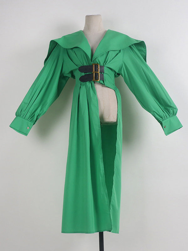 High Waisted Long Sleeves Asymmetric Belted Pleated Color Lapel Midi Dresses