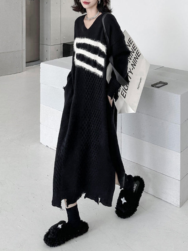 Long Sleeves Loose Split-joint Split-side V-neck Midi Dresses Sweater Dresses