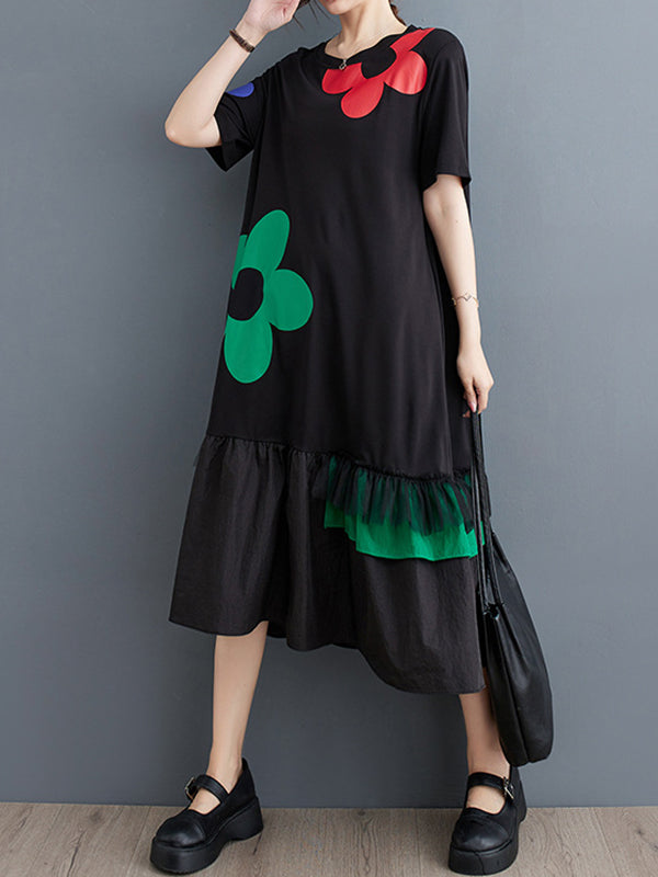Loose Short Sleeves Printed Split-joint Round-neck Midi Dresses